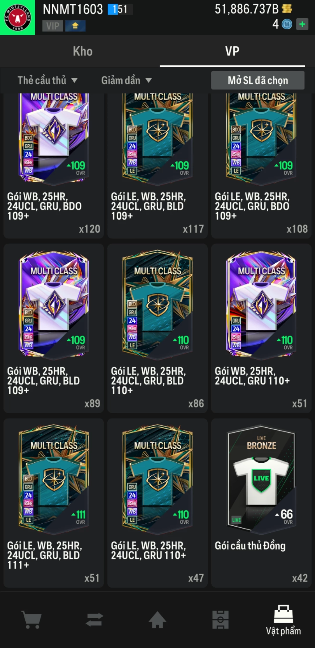 Ảnh ACC mở thẻ (LOẠI SVIP PROMAX) bao gồm có thẻ +12, Thẻ PRIME(QH+, CP+, XS+) và hơn 1500+ đến 1700+ thẻ cầu thủ từ Siêu sao đến Miền núi các loại. Acc có sẵn BP trắng từ 50.000 tỷ BP đến 62.000 tỷ BP